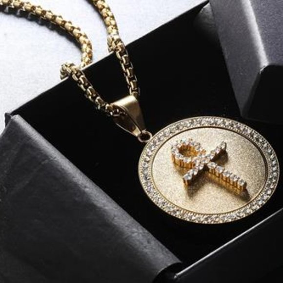 NEW Ankh Cross Gold Necklace Iced Out Chain - Picture 3 of 4